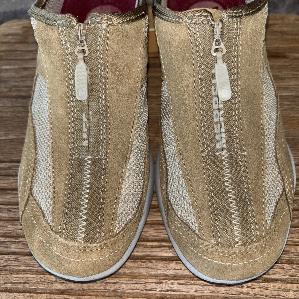 Merrell Womens Sz 6.5 Coriander Tan Leather Front Zip Shoes JO98393 EUC